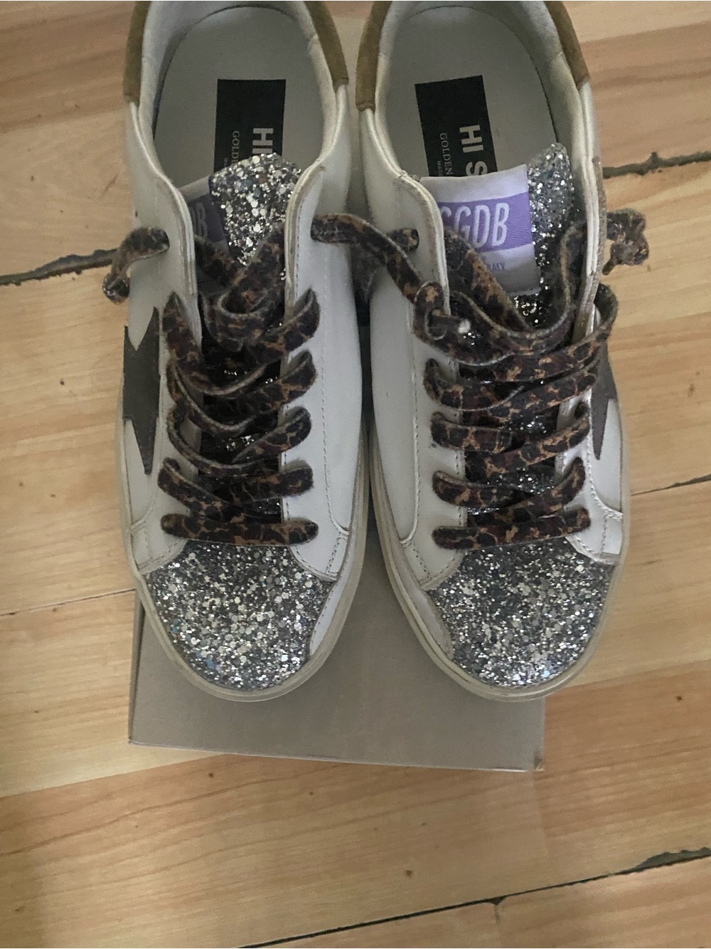 Golden Goose Women's Silver Glitter Toe Sneakers with Leopard Laces